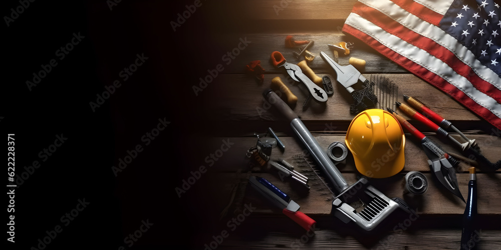Construction tools with American flag on dark black background. Labor day banner. Generative AI Construction tools with American flag on dark black background. Labor day banner. Generative AI