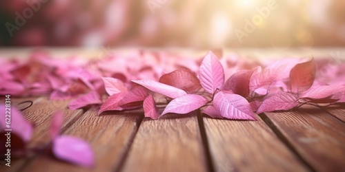 Wooden floor and blurred pink flower background copy space. AI Generated 