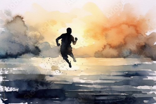 watercolor drawing, a man jogging along the sea, AI generated