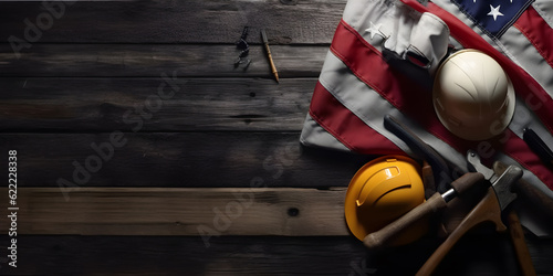 Construction tools with American flag on dark black background. Labor day banner. Generative AI © sticker2you