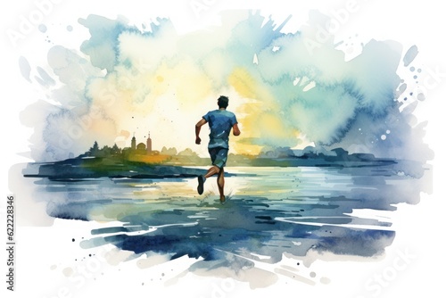 watercolor drawing, a man jogging along the sea, AI generated