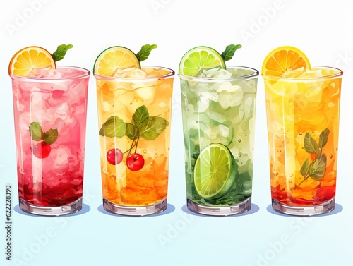 Set of cocktails, summer drinks watercolor clipart. Generative ai