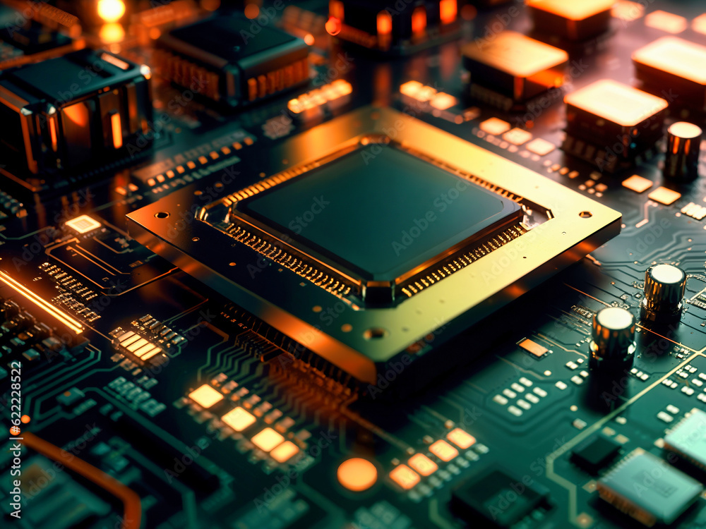 Close-up view of a modern GPU card with circuit and connections 3D rendering Close-up view of a modern GPU card with circuit and connections 3D rendering