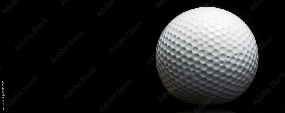 Close-up of golf ball isolated on black backdrop. Generative AI Close-up of golf ball isolated on black backdrop. Generative AI