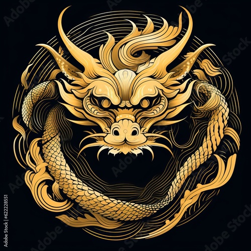 Golden dragon head emblem on black background. Generative ai