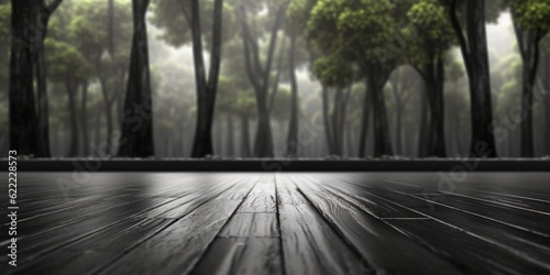 Wooden black floor and blurred tree background copy space. AI Generated 