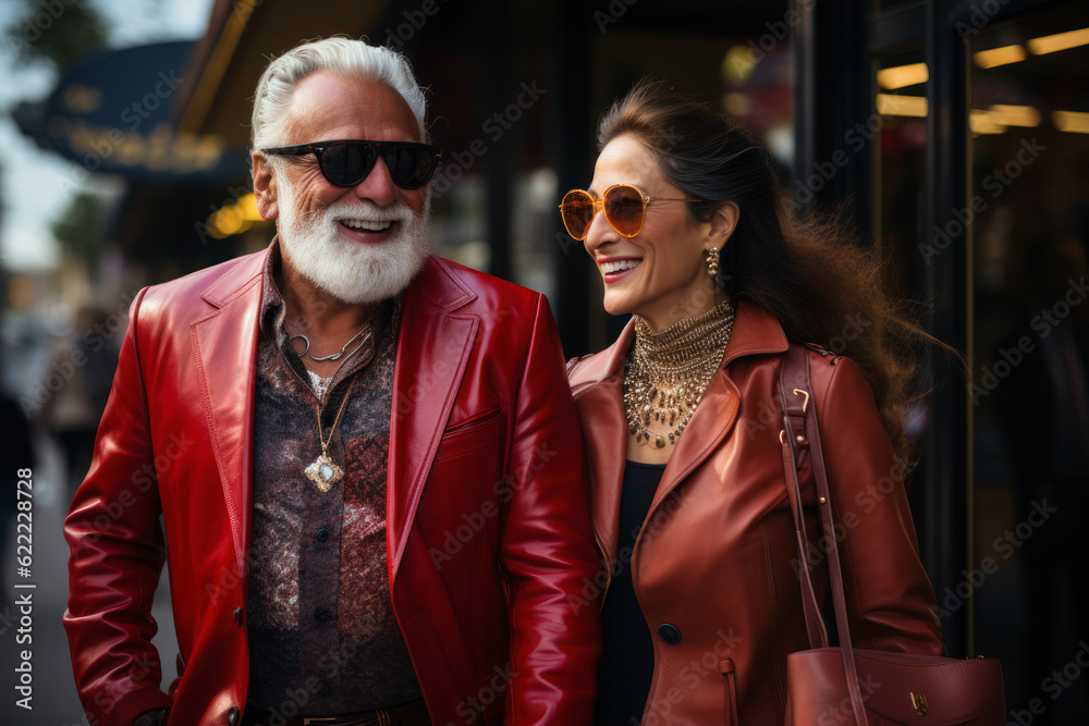 Fashionable senior couple wearing stylish sunglasses, enjoying in city street. AI Generative
