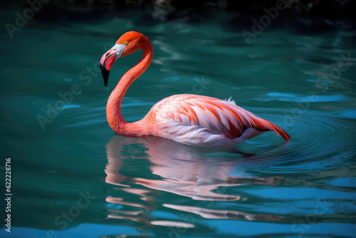 Close-up of pink flamingo bird with pink feathers on bright blue water lake background. Natural beautiful wallpaper with unusual bird. Generative AI professional photo imitation.