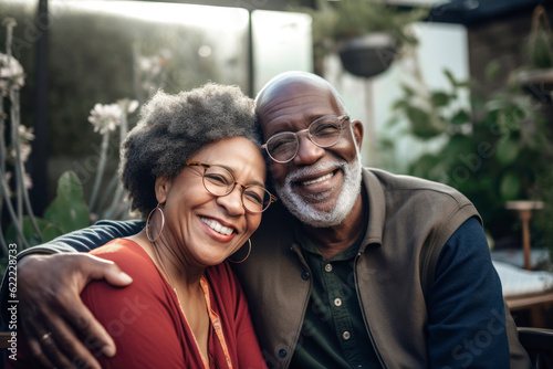 Front view close up of senior African American couple in the garden, sitting on a bench, embracing and smiling. AI Generative