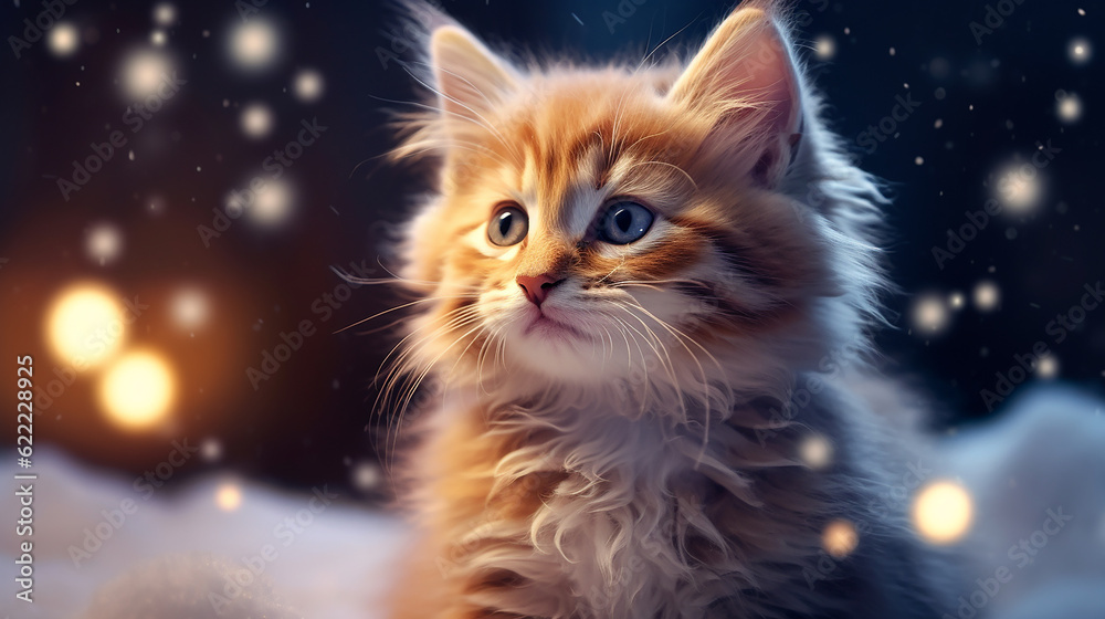 A kitten in the snow, surrounded by golden twinkling lights of garlands. Generative AI
