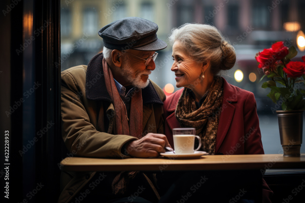 Φωτογραφία Waist up portrait of smiling couple sitting at table and drinking tea outside