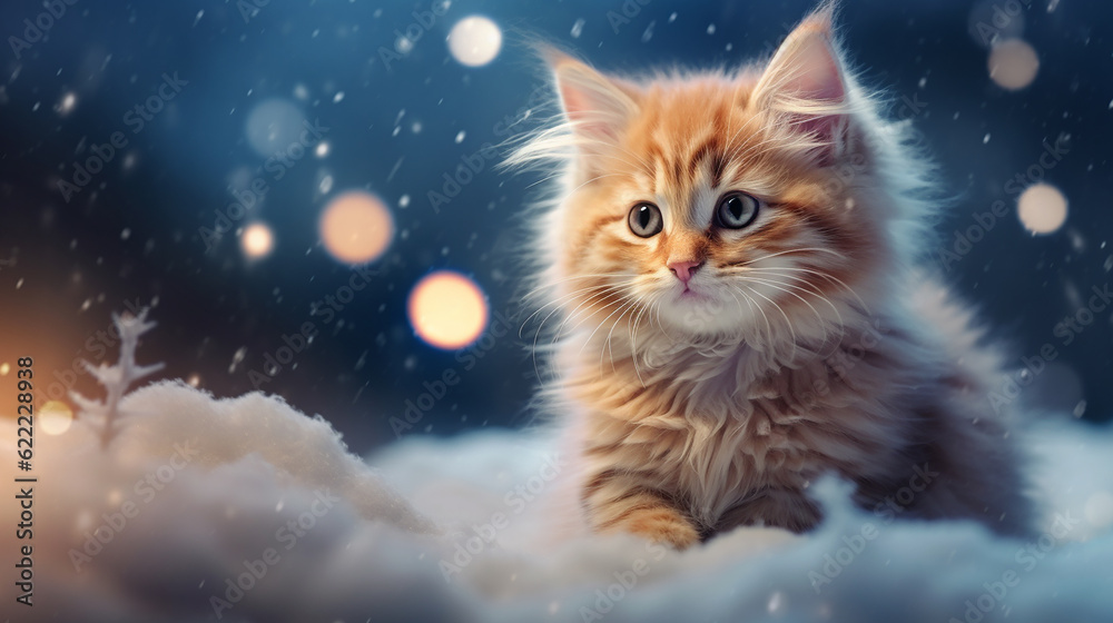 A kitten in the snow, surrounded by golden twinkling lights of garlands. Generative AI
