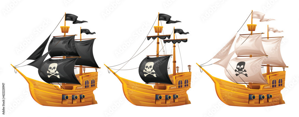 Εκτύπωση καμβά Set of wooden pirate ship illustration
