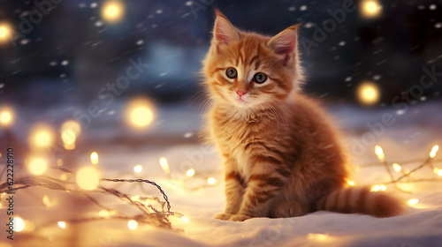 A kitten in the snow, surrounded by golden twinkling lights of garlands. Generative AI 