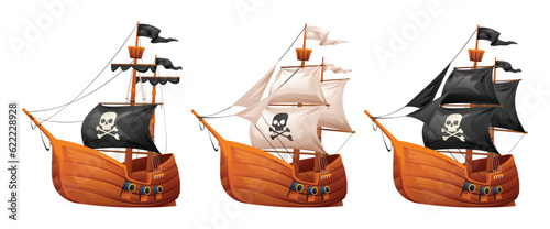 Set of pirate ship cartoon illustration isolated on white background
