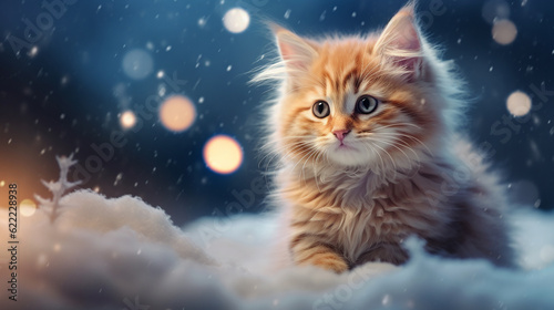 A kitten in the snow, surrounded by golden twinkling lights of garlands. Generative AI  © alionaprof