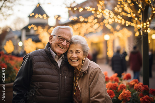 senior couple smiling and standing in the city , lights background, AI Generative