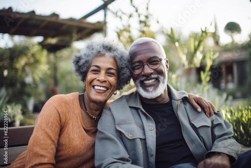 Front view close up of senior African American couple in the garden, sitting on a bench, embracing and smiling. AI Generative