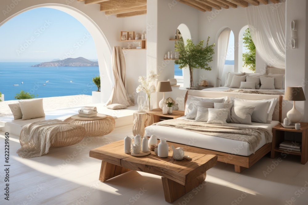 Mediterranean-Inspired Bedroom in a Greek Island Paradise. High end luxurious bedroom Mediterranean-Inspired Bedroom in a Greek Island Paradise. High end luxurious bedroom