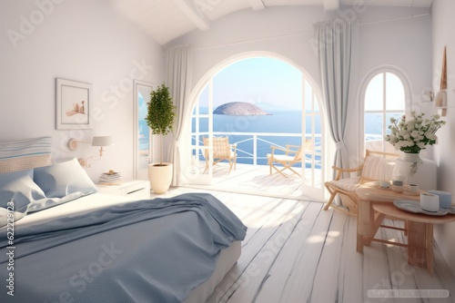 Mediterranean-Inspired Bedroom in a Greek Island Paradise. High end luxurious bedroom © aboutmomentsimages