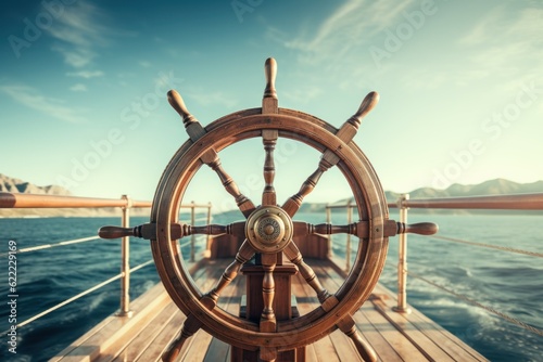 Wood steering ship sea cruise. Generate Ai