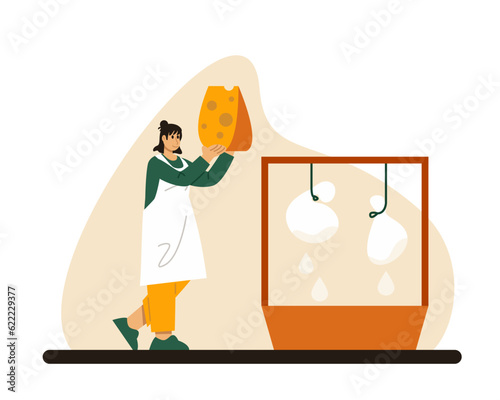 Young lady in apron standing near Mozzarella drying container. Dairy making process in factory. Production and tasting concept. Flat vector illustration in yellow and green colors