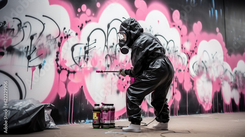 Cleaner worker washing graffiti wall  graffiti remover   vandalism  street art problem. Colorful Ai generated art