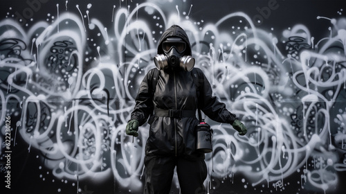Vandal street artist painting graffiti on wall with spray, urban street art, underground culture. Ai generated art