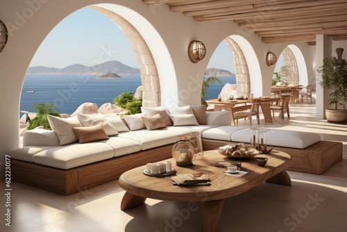 Mediterranean luxurious indoor outdoor area in a Greek Island Paradise. High end luxurious living room in a villa accommodation © aboutmomentsimages