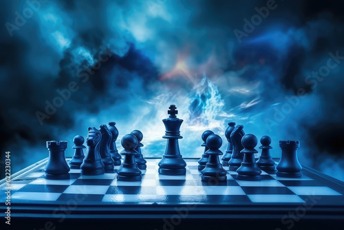 Wallpaper chess pieces on a board. Creative banner for chess school. Blue bright neon colors. Interactive chess. Generative AI 3d render illustration imitation.