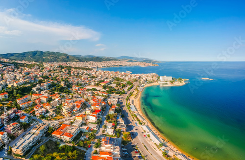 Aerial view of beach and sea in Kavala city, Macedonia, Greece, Europe