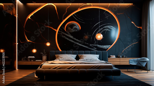 Modern bedroom interior design with orange LEDs lights.