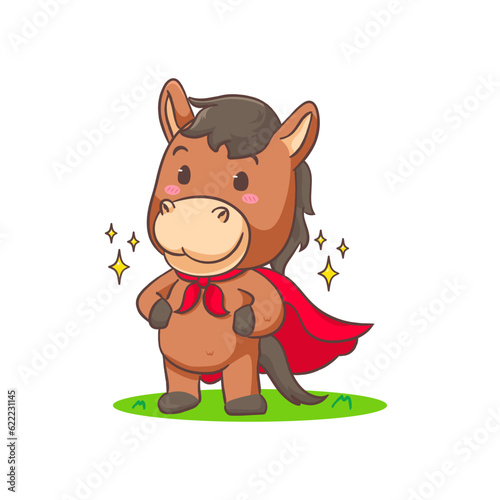 Cute brown horse cartoon superhero isolated white background. Adorable kawaii animal concept design vector illustration
