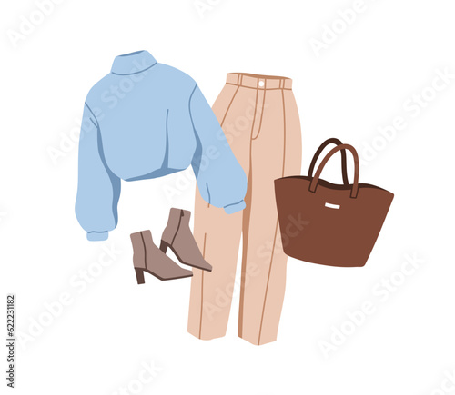 Fashion women outfit. Modern clothes set. Elegant stylish apparel, trousers, heeled boots, tote bag and sweater for spring and fall season. Flat vector illustration isolated on white background
