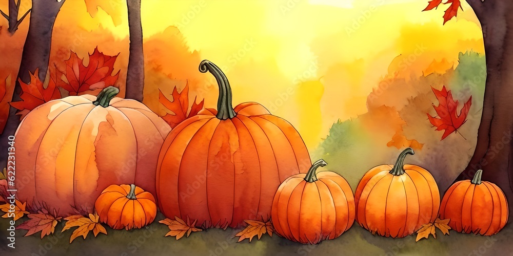Autumn pumpkins watercolor, generative ai Autumn pumpkins watercolor, generative ai