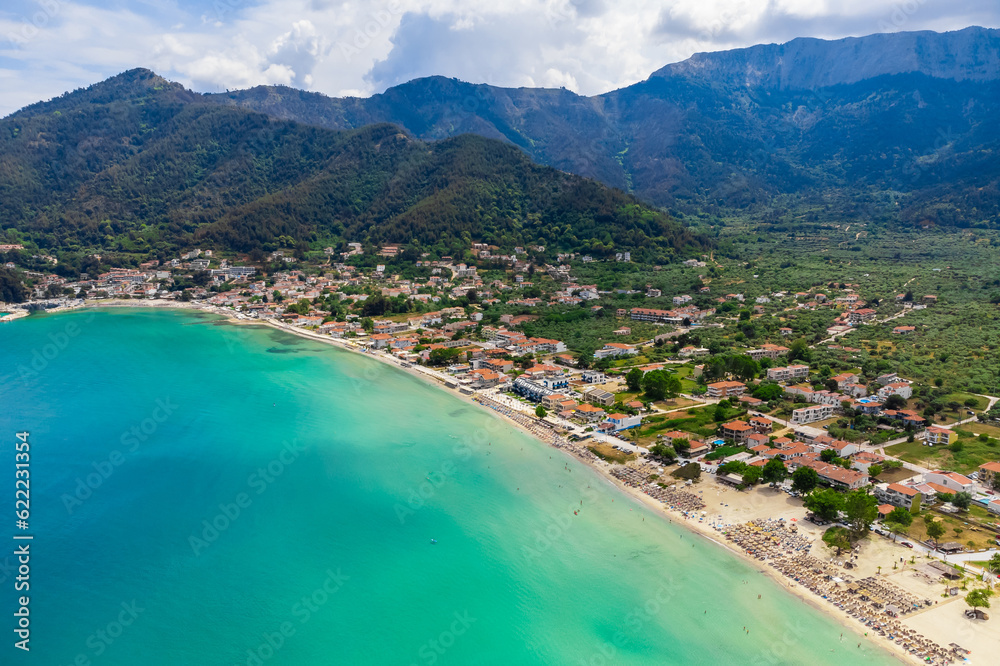 Aerial view of beautiful tropical beach. Golden Beach, Thassos, Greece