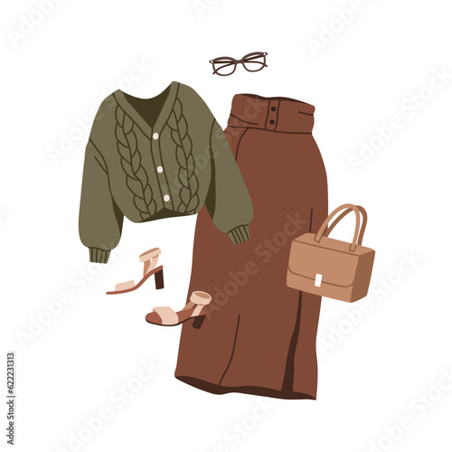 Women full outfit set. Modern elegant apparel, clothes. Fashion look, stylish knitted cardigan, long skirt, heeled sandals, purse and glasses. Flat vector illustration isolated on white background