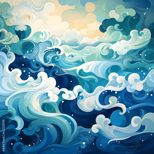 Wallpaper Mural Experience an organic pattern mimicking a tranquil lake's surface. Gentle waves ripple across an impressionistic canvas of soothing blues and greens, instilling calm and movement. Torontodigital.ca