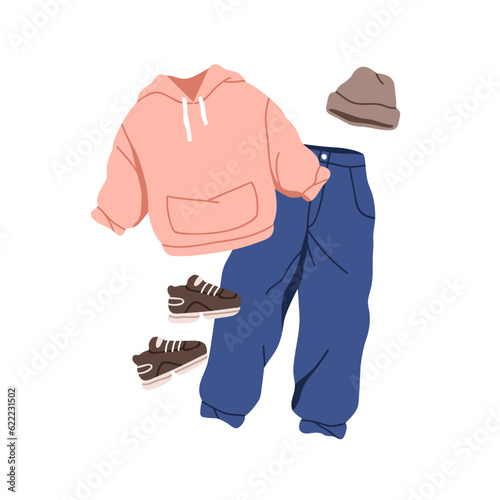 Outfit set in street style. Unisex apparel, hooded sweatshirt, sneakers, hat,...