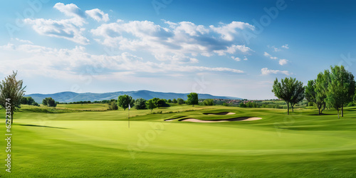 Panoramic view of Golf Course. Golf field with a rich green turf beautiful scenery. Generative AI