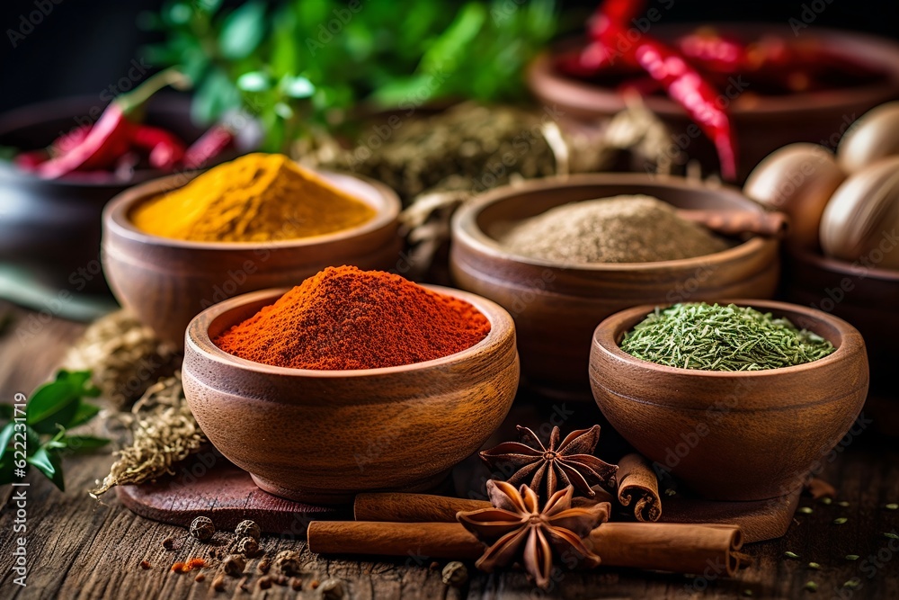 Assorted spices in bowls, generative ai Assorted spices in bowls, generative ai
