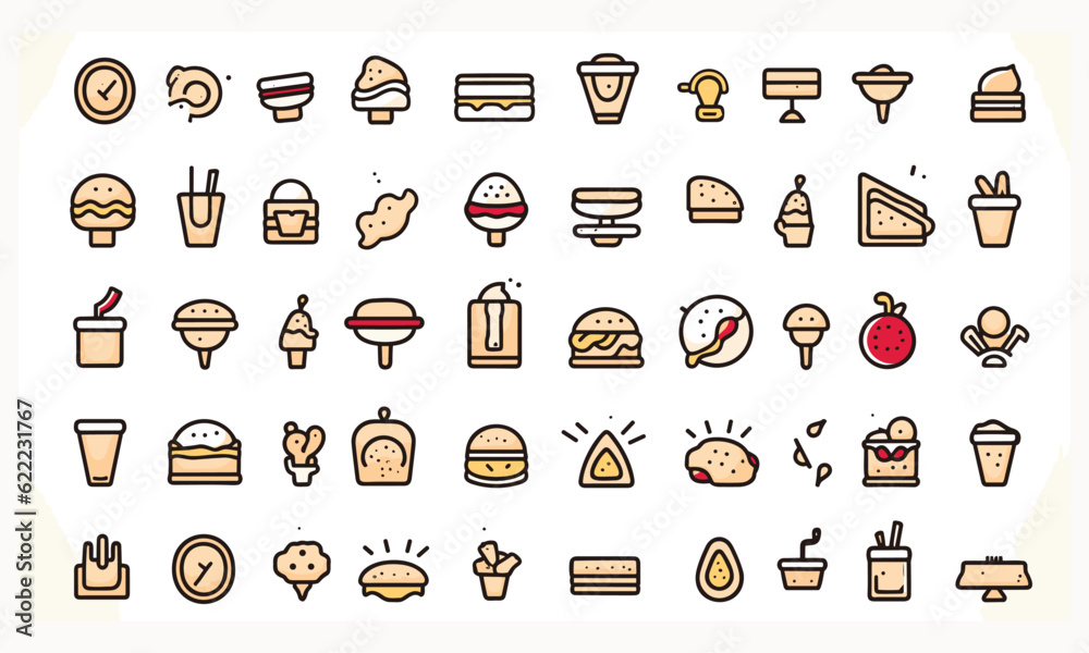 Set of Food and drink web symbols inline style. Dinner, café, dishes, natural products, cheap food, burger, pizza, espresso, sandwich, assortment, Vector Set of Food and drink web symbols inline style. Dinner, café, dishes, natural products, cheap food, burger, pizza, espresso, sandwich, assortment, Vector