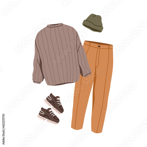 Outfit set, sweater, trousers, hat and sneakers. Casual clothes, apparel in modern urban style. Comfortable pullover, pants, sport shoes. Flat vector illustration isolated on white background