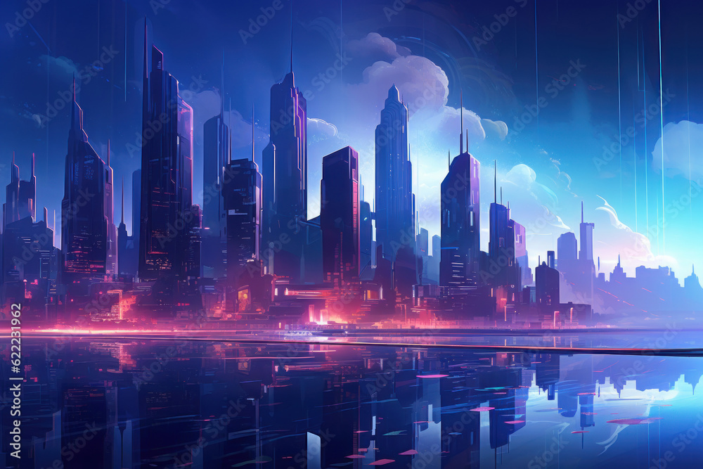 Skyscrapers glowing illuminate the futuristic cityscape at night. Skyscrapers glowing illuminate the futuristic cityscape at night.
