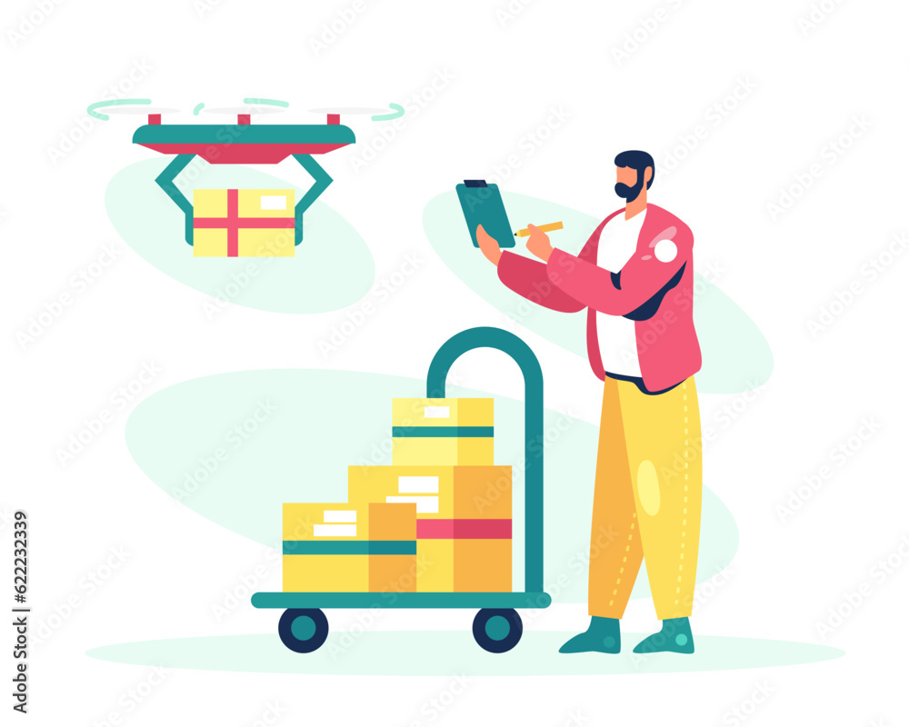 Concept of delivery by drone. Food order app. Adult man holding clipboard, standing near cart with parcels. Various equipment for courier. Colorful flat vector illustration in cartoon style Concept of delivery by drone. Food order app. Adult man holding clipboard, standing near cart with parcels. Various equipment for courier. Colorful flat vector illustration in cartoon style