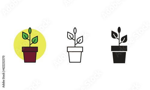Flower plant in pot icons. Line, Glyph and colorful version. Home plant symbol, vector illustration. Different style icons set.