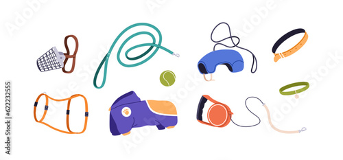 Pet supplies, accessories set. Collar with bell, leash, clothes, feline harness, canine muzzle, ball toy for cats and dogs. Animals goods. Flat vector illustrations isolated on white background