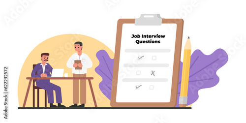HR sitting at table with computer and asking job interview questions. Filling out resume for vacancy. Data collection for HR department, headhunter. Conducting interview concept. Vector illustration