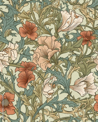 Seamless pattern with beautiful flowers in neutral pastel colors, generative ai