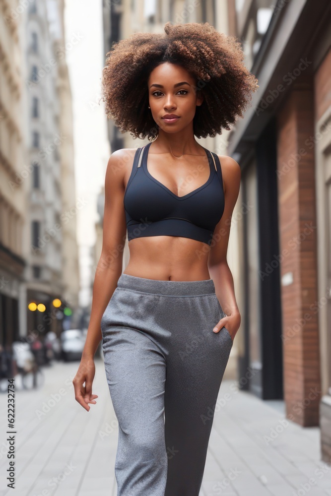 Beautiful sexy brown skin woman model with curly hair walking on the street. Generative AI